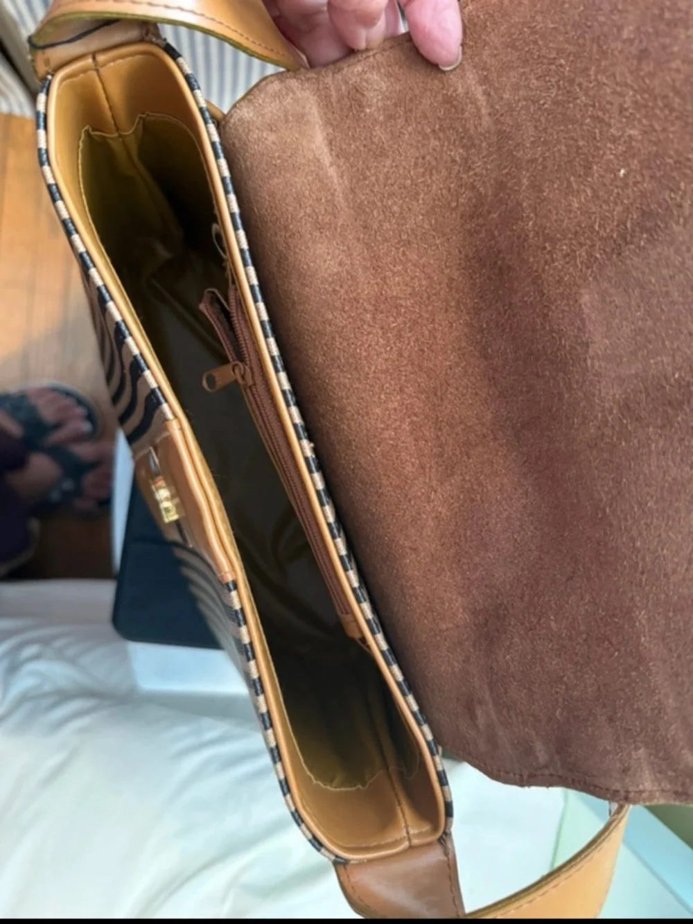 Men's Tan & Black Striped Leather-Trim Messenger Bag